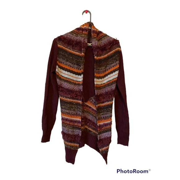 BKE womens small sweater cardigan open front curved hem boho romantic fringe - Picture 1 of 3